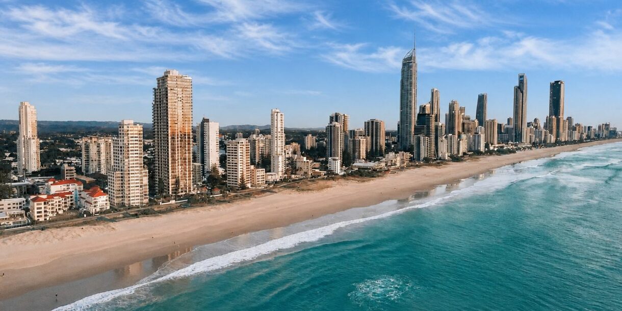 Aerial view of the Surfers Paradise skyline rising behind the beach on the Gold Coast